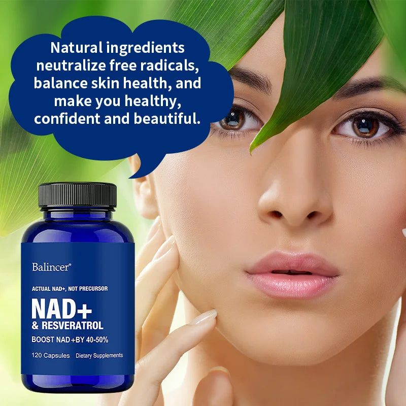 NAD+ Resveratrol Supplement Capsules - Anti-aging, Energy, Focus, Promotes Cell and Skin Health - 120 Capsules