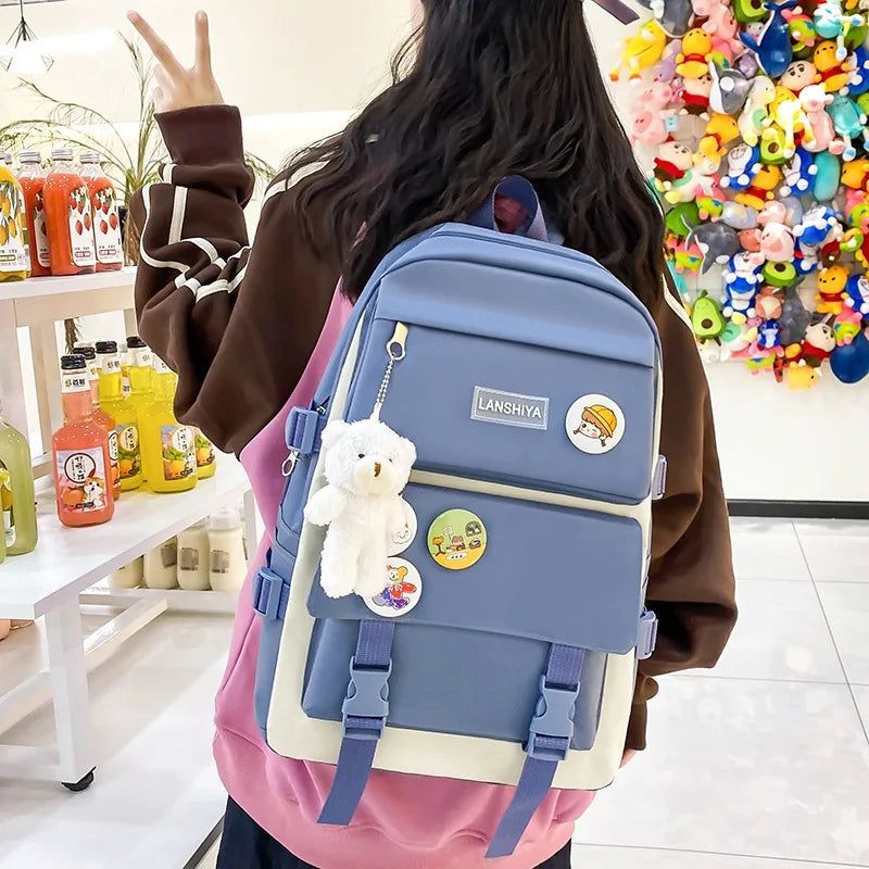 2025 New Ins Large Capacity Outdoor Backpack Women's Harajuku Style High School Student Four-Piece Set Breathable Polyester S...