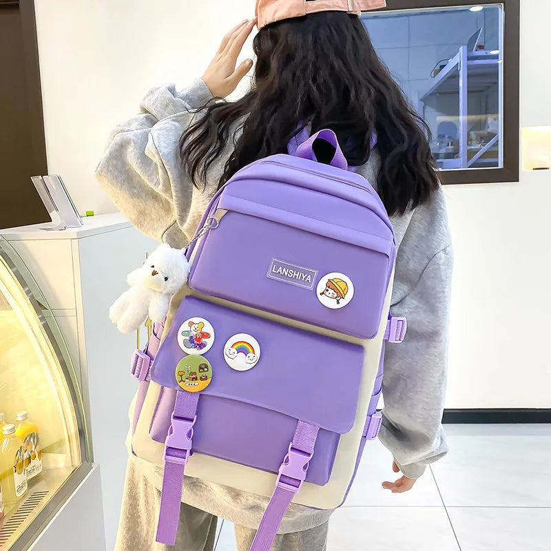 2025 New Ins Large Capacity Outdoor Backpack Women's Harajuku Style High School Student Four-Piece Set Breathable Polyester S...
