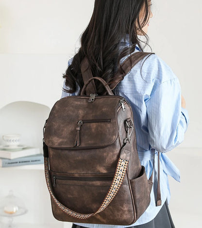 New 2025 Women Large Leather Laptop Backpack 15.6 Inch Waterproof Casual Fashion Business Retro Travel Shoulder Bag for College