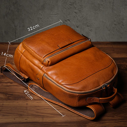 NUKA High Quality Genuin Leather Backpack Men's Retro Weekend Travel Bag Women's Deluxe Natural Cowhide Schoolbag For 16” Laptop