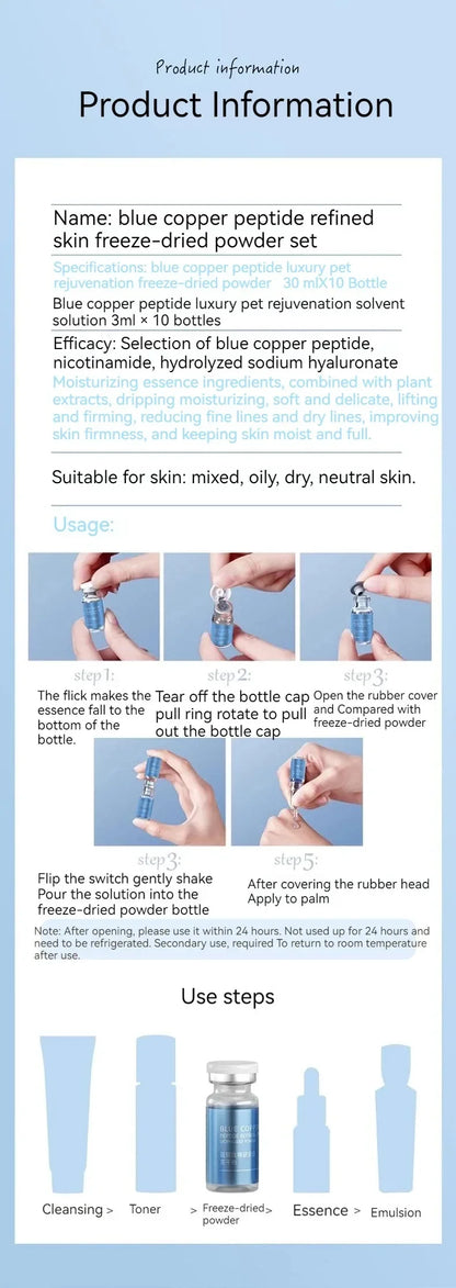 Blue Copper Peptide Freeze-Dried Powder Set Oligopeptide Anti Wrinkle Essence Shrink Pores Acne Treatment Skincare Serum 20pcs