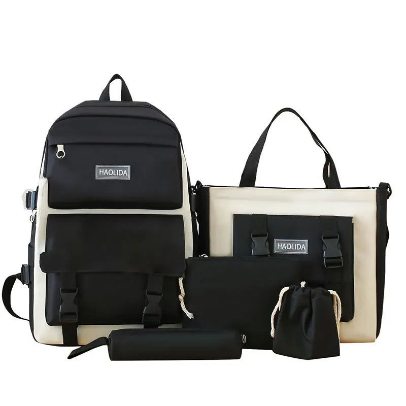 2025 New Ins Large Capacity Outdoor Backpack Women's Harajuku Style High School Student Four-Piece Set Breathable Polyester S...