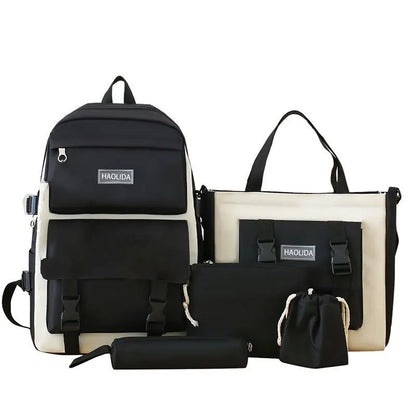 2025 New Ins Large Capacity Outdoor Backpack Women's Harajuku Style High School Student Four-Piece Set Breathable Polyester S...