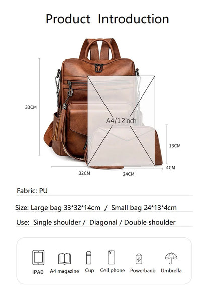 Womens Backpack Purse Leather Backpack Purse Fringe Design For Women Travel Fashion Designer Ladies Shoulder Bags 2 Pieces