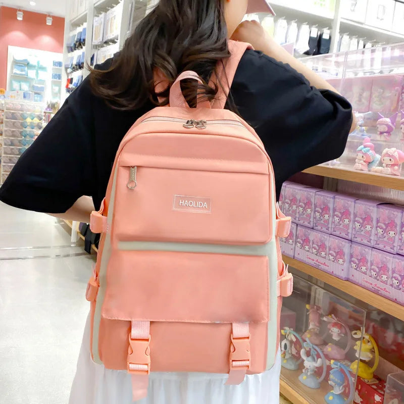 2025 New Ins Large Capacity Outdoor Backpack Women's Harajuku Style High School Student Four-Piece Set Breathable Polyester S...