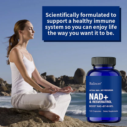 NAD+ Resveratrol Supplement Capsules - Anti-aging, Energy, Focus, Promotes Cell and Skin Health - 120 Capsules