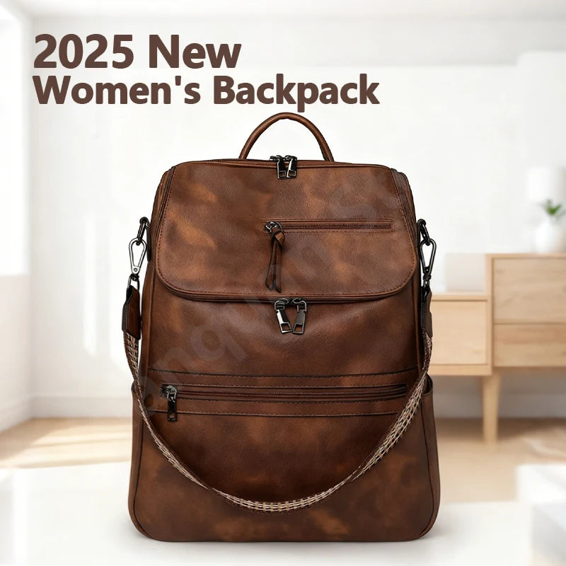 New 2025 Women Large Leather Laptop Backpack 15.6 Inch Waterproof Casual Fashion Business Retro Travel Shoulder Bag for College