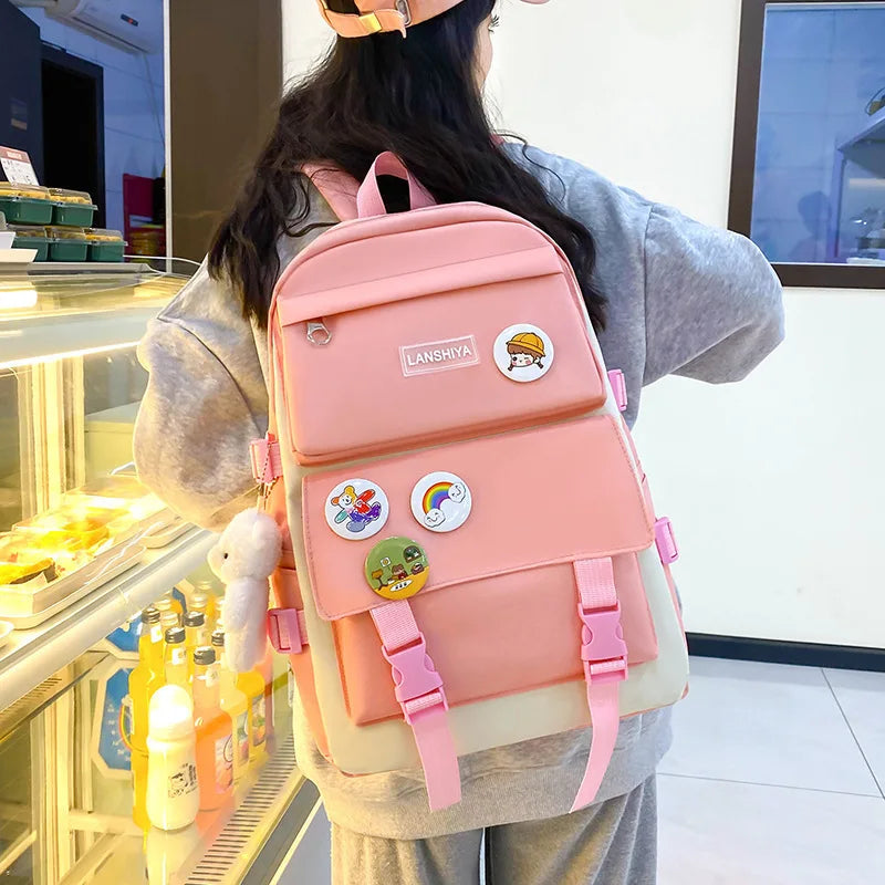 2025 New Ins Large Capacity Outdoor Backpack Women's Harajuku Style High School Student Four-Piece Set Breathable Polyester S...
