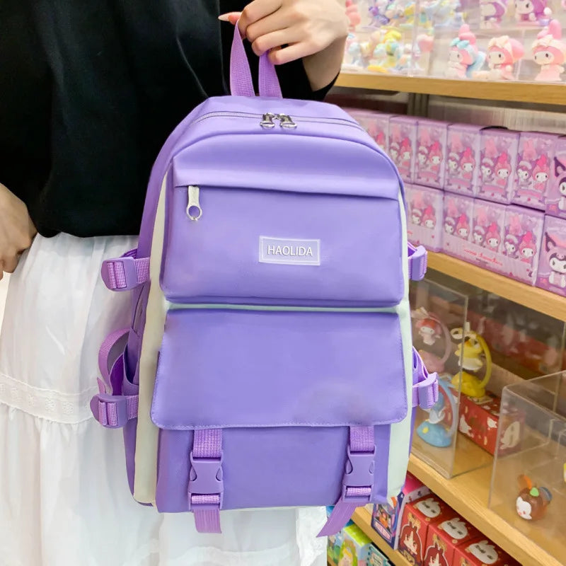 2025 New Ins Large Capacity Outdoor Backpack Women's Harajuku Style High School Student Four-Piece Set Breathable Polyester S...