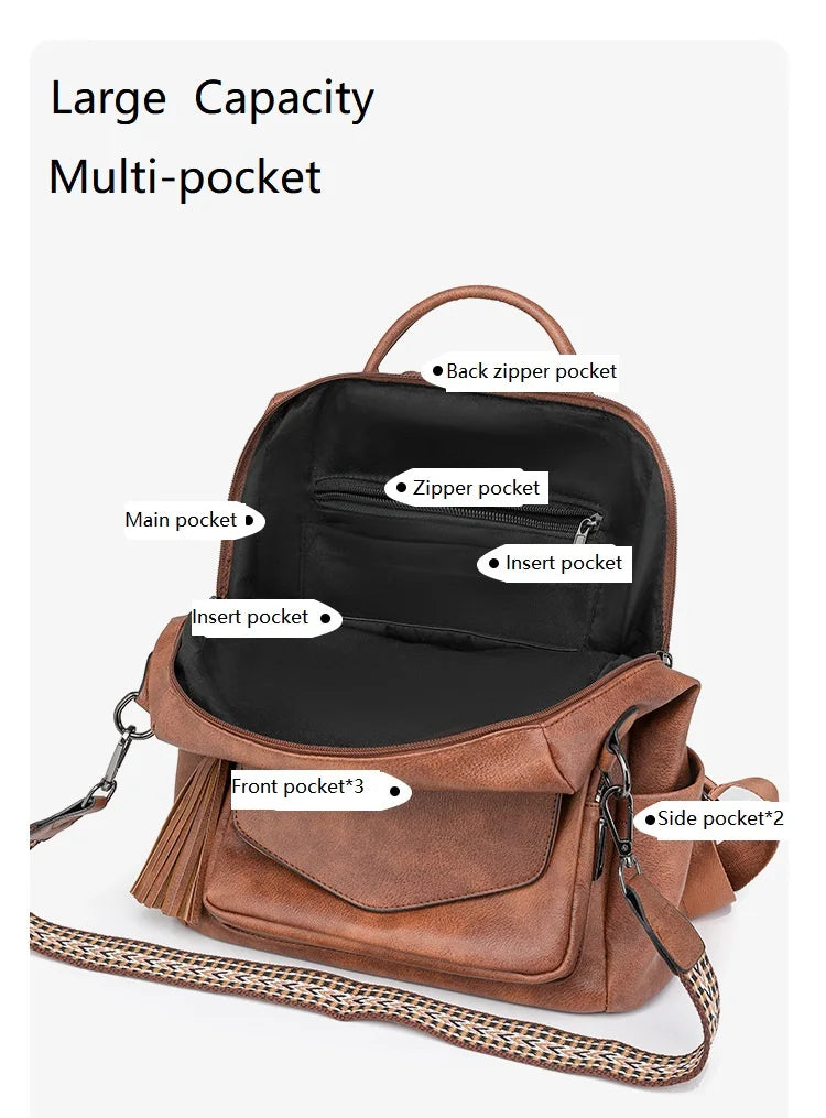 Womens Backpack Purse Leather Backpack Purse Fringe Design For Women Travel Fashion Designer Ladies Shoulder Bags 2 Pieces