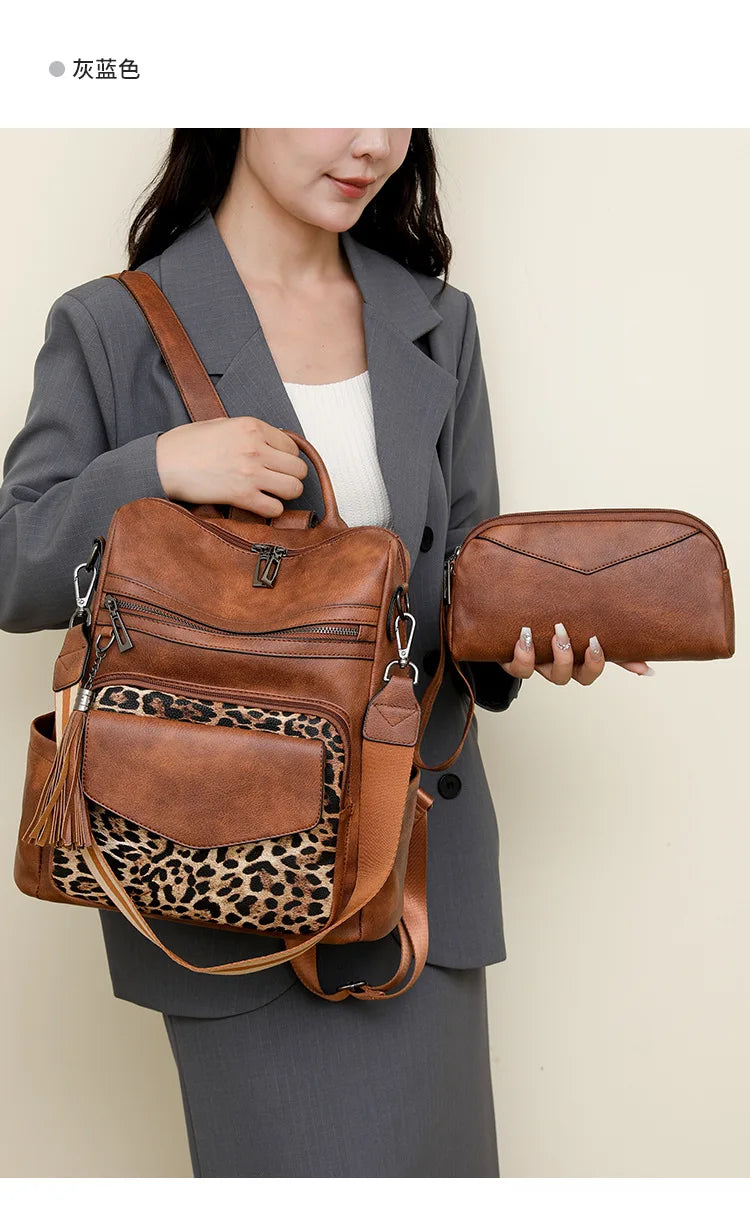 Womens Backpack Purse Leather Backpack Purse Fringe Design For Women Travel Fashion Designer Ladies Shoulder Bags 2 Pieces