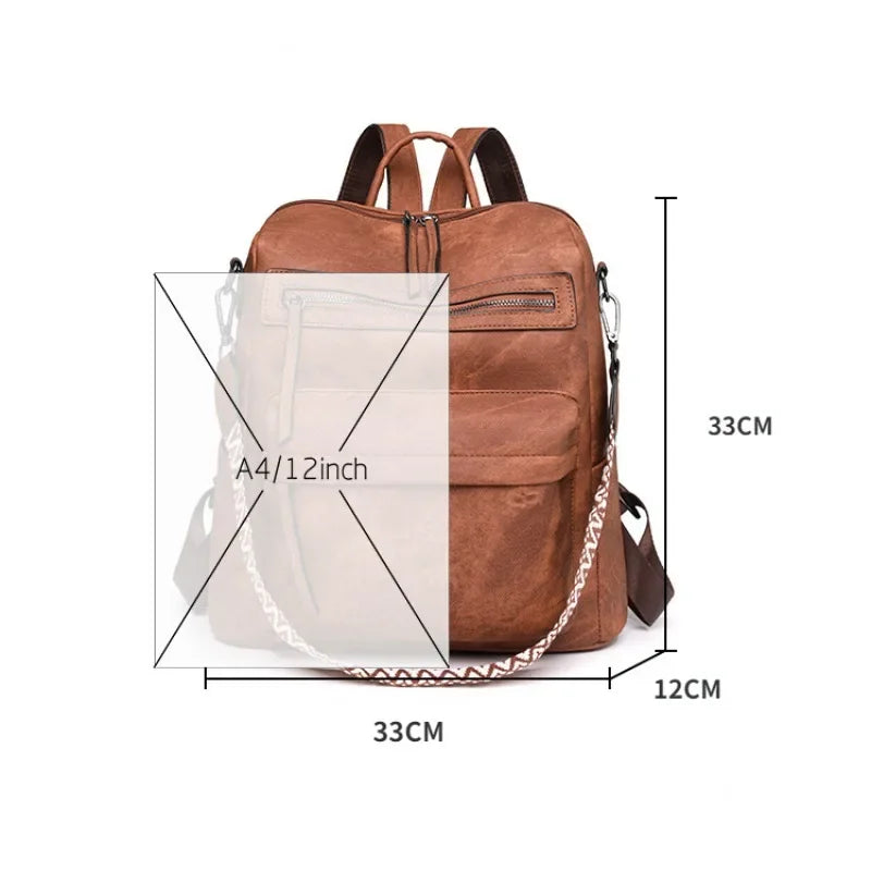 Women's Waterproof and Anti-theft PU Leather Large Capacity Retro Travel College Style Laptop Backpack Shoulder Bag Handbag
