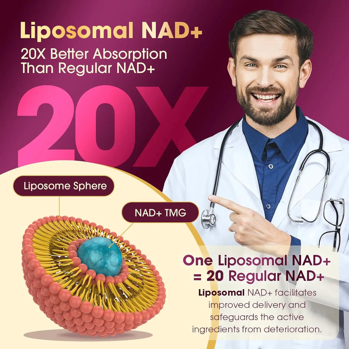 NAD supplement pure organic liposome NAD+containing resveratrol supplement - enhances NAD+anti-aging, energy, and focus