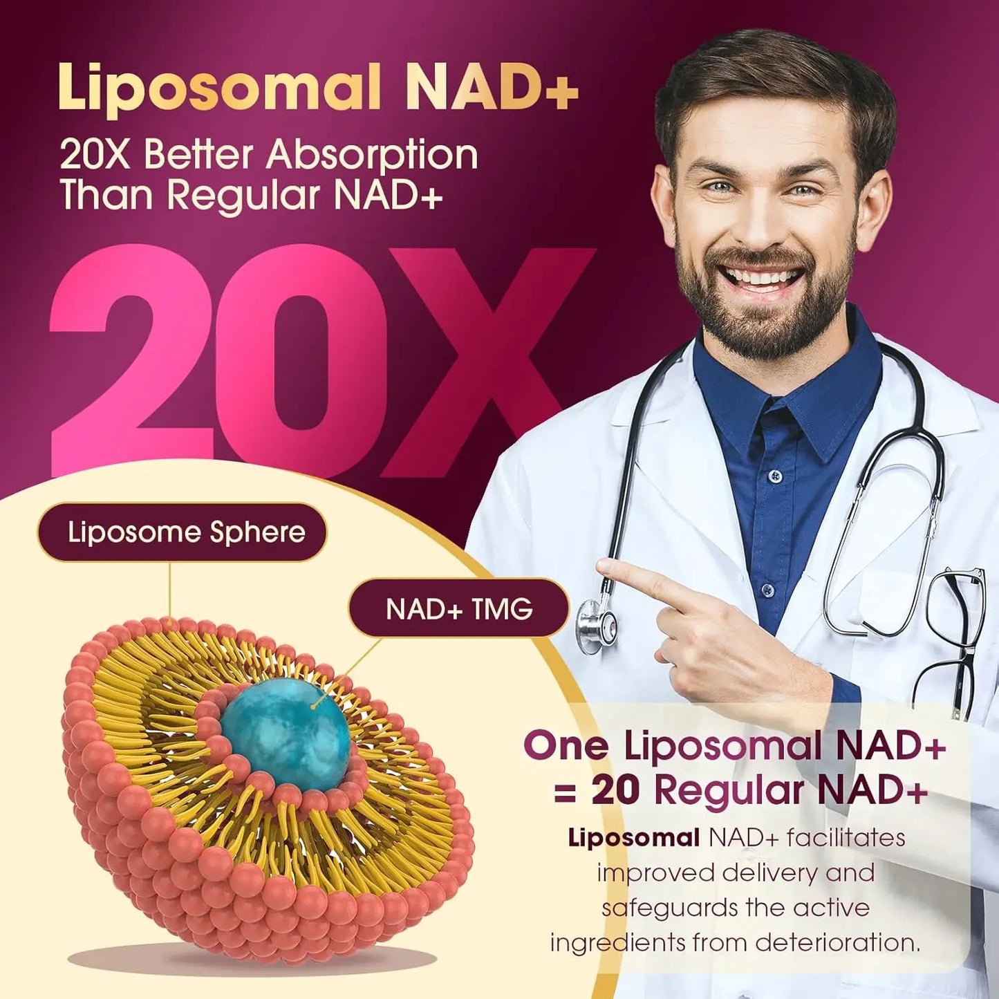 NAD supplement pure organic liposome NAD+containing resveratrol supplement - enhances NAD+anti-aging, energy, and focus