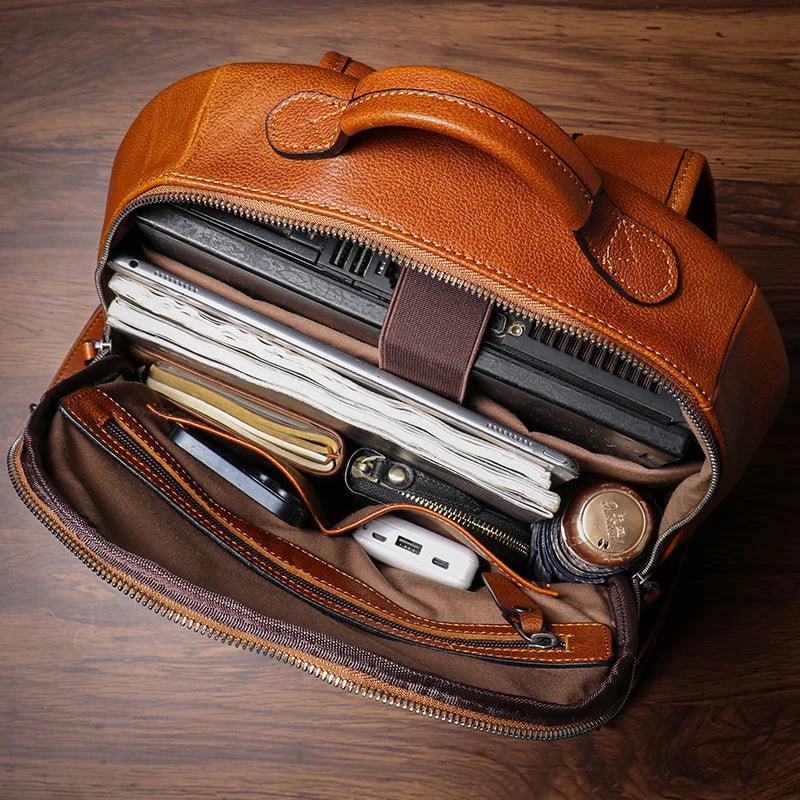 NUKA High Quality Genuin Leather Backpack Men's Retro Weekend Travel Bag Women's Deluxe Natural Cowhide Schoolbag For 16” Laptop