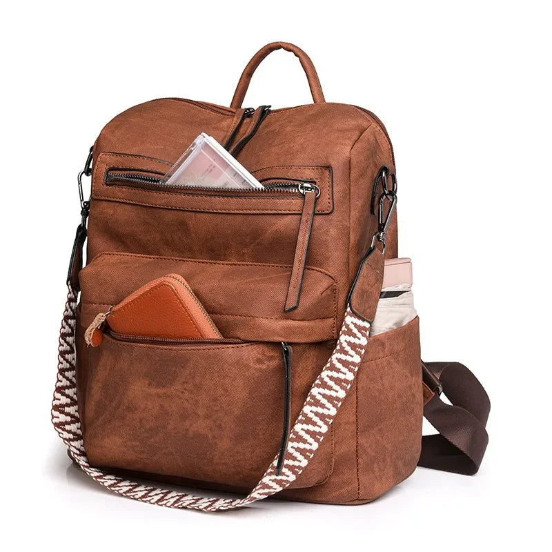 Women's Waterproof and Anti-theft PU Leather Large Capacity Retro Travel College Style Laptop Backpack Shoulder Bag Handbag