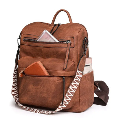 Women's Waterproof and Anti-theft PU Leather Large Capacity Retro Travel College Style Laptop Backpack Shoulder Bag Handbag