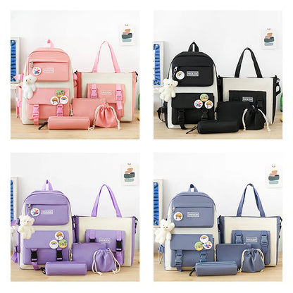 2025 New Ins Large Capacity Outdoor Backpack Women's Harajuku Style High School Student Four-Piece Set Breathable Polyester S...