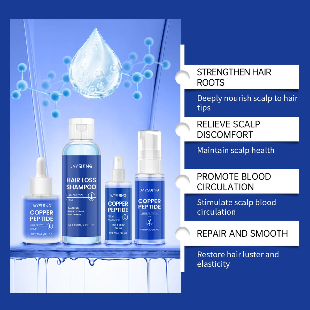 Hair Growth Serum Copper Peptides Scalp Treatment Repair Damaged Frizzy Nourish Soft Shine Smoothing Hair Strengthening Shampoo