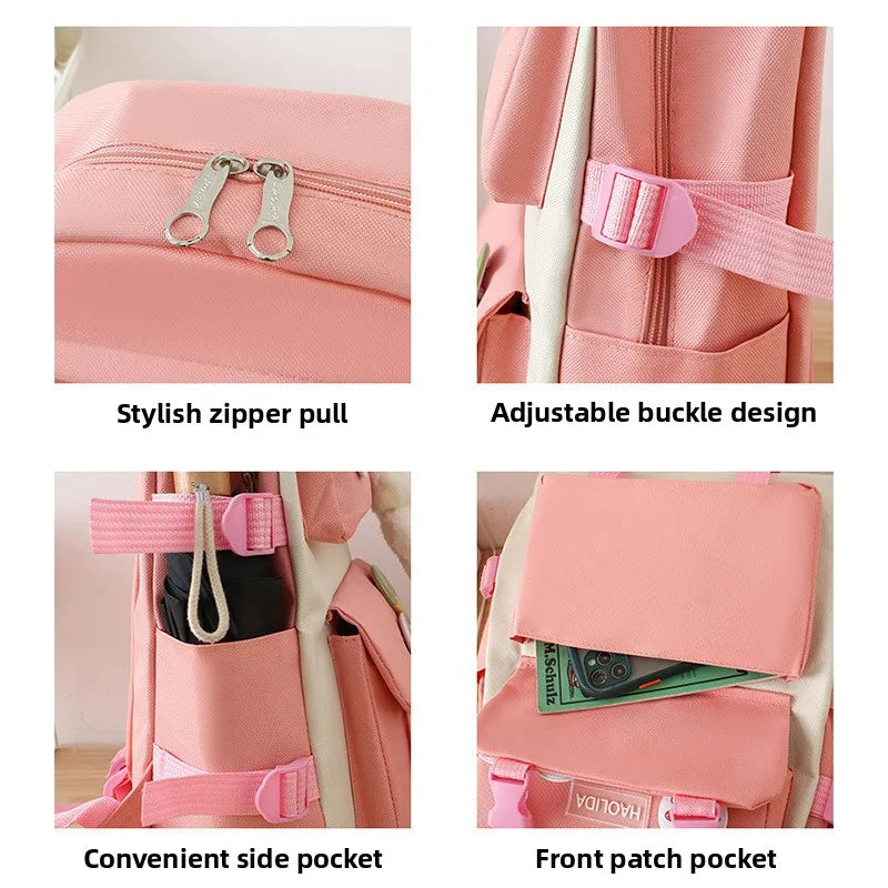 2025 New Ins Large Capacity Outdoor Backpack Women's Harajuku Style High School Student Four-Piece Set Breathable Polyester S...